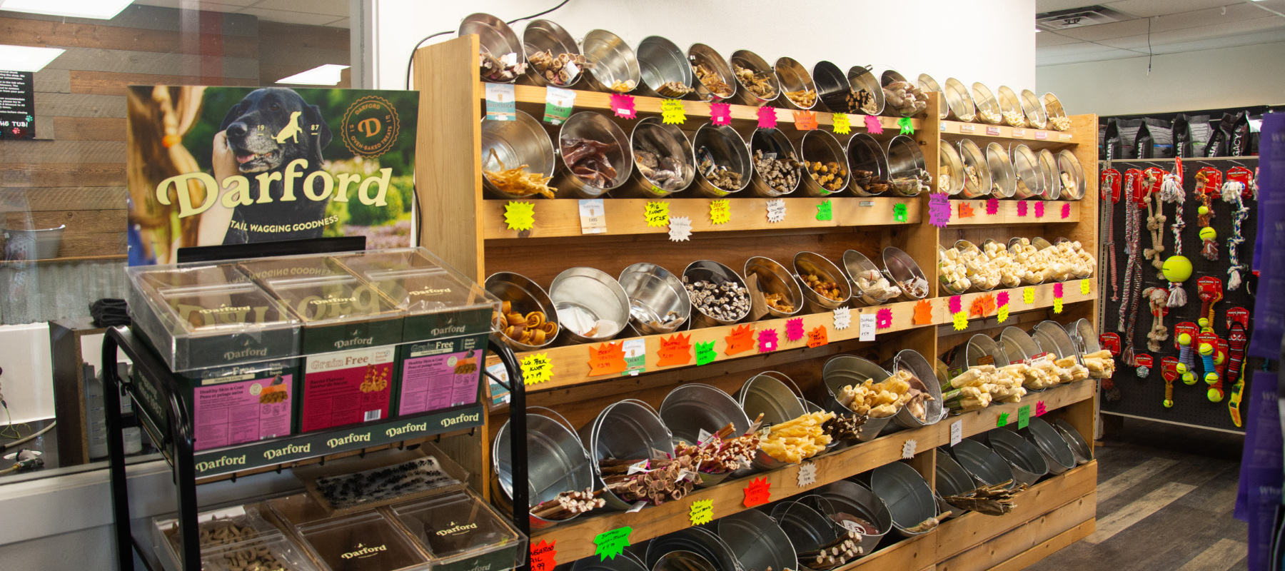 Pet supplies and treats on display inside of All About Paws.