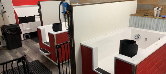 Three self wash stations inside of All About Paws.